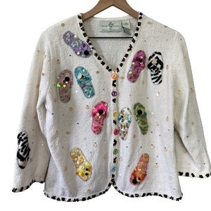 VTG Design Options Philip & Jane Gordon colorful cardigan sequins flip flops LG